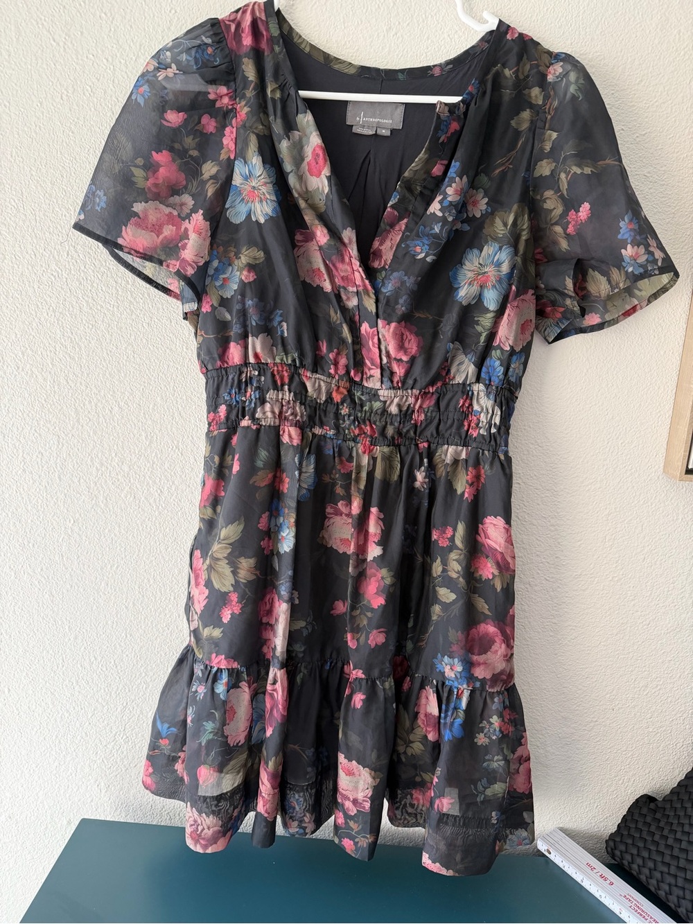 By Anthropologie Floral Mini Dress M Black Sheer Puff Sleeve Tiered Romantic